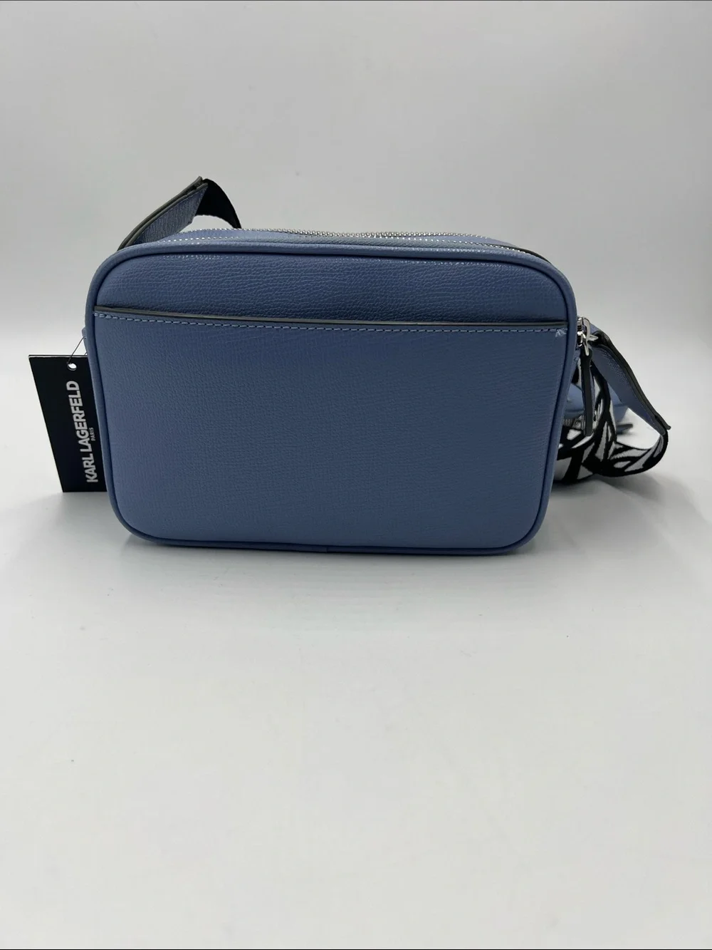 Karl Lagerfeld Perforated Logo Blue Leather Camera Bag with Branded Strap